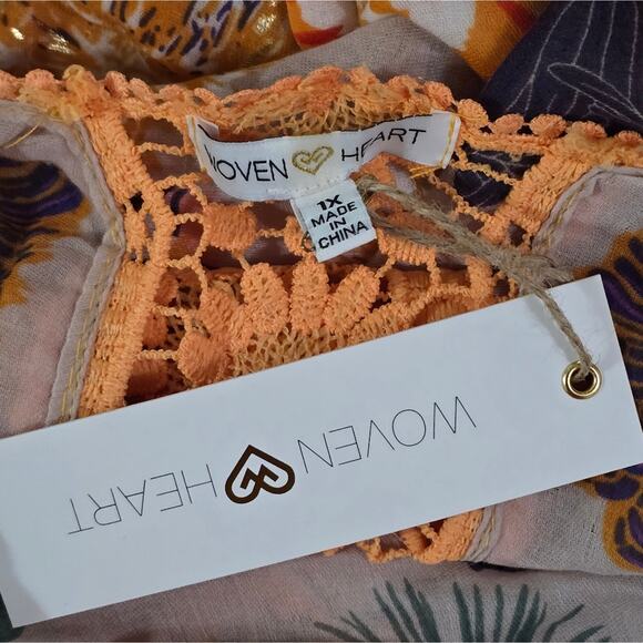 Woven Hearts Floral Gold Crocheted Fringe Kimono Plus Size 1X New - Picture 6 of 9